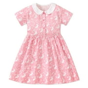 HAJGJP Floral Easter Dress for Girls Summer Cartoon Bunny Dress for Girls 2-7 | Breathable Cotton Short Sleeves \u0026 Flat Collar Party Dress Pink 4-5 Years